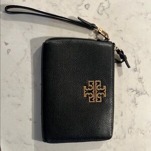 Black Leather Wristlet with Gold Logo